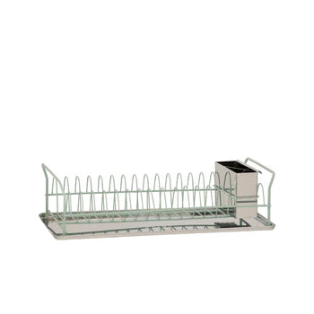 A sleek stainless steel dish rack with a drip tray and cutlery holder, designed for efficient kitchen organization.