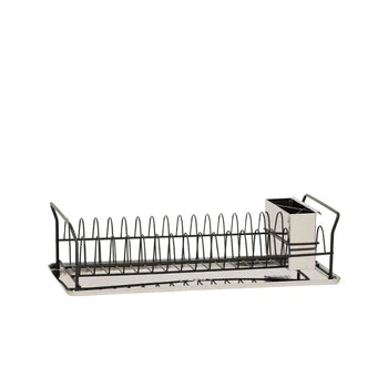 A sleek stainless steel dish rack with a drip tray and cutlery holder, designed for efficient kitchen organization.