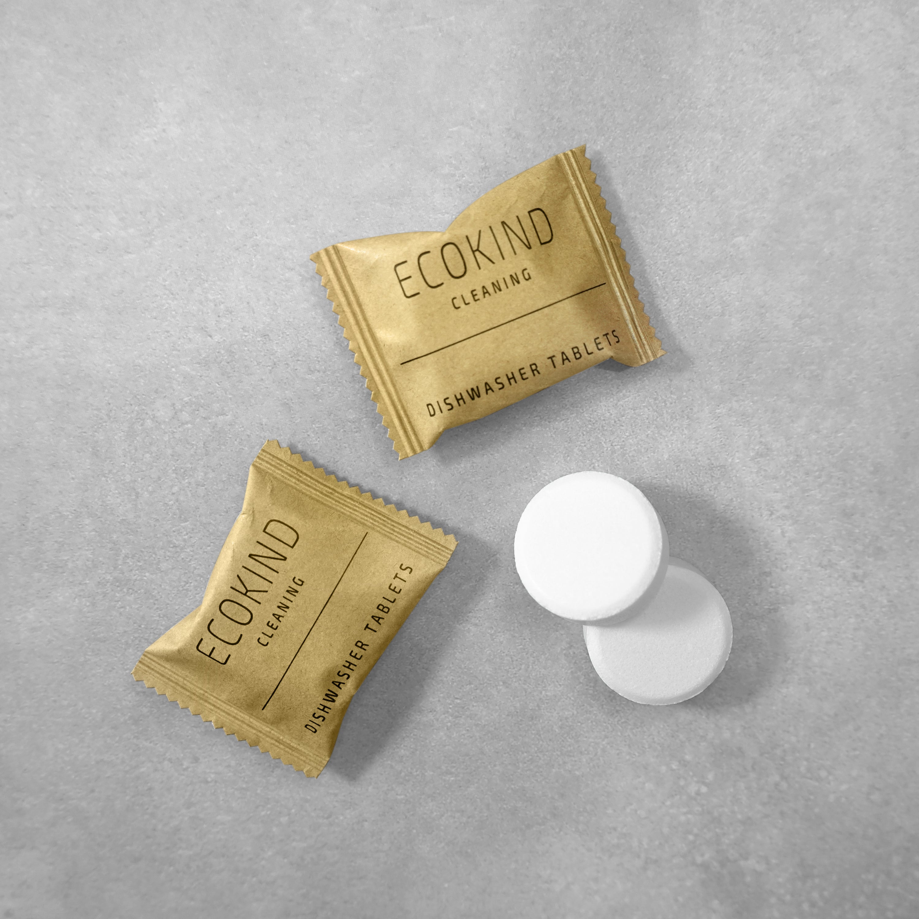 ECOKIND Cleaning dishwasher tablets in eco-friendly packaging, showcasing their plastic-free and plant-based ingredients for effective dish cleaning.