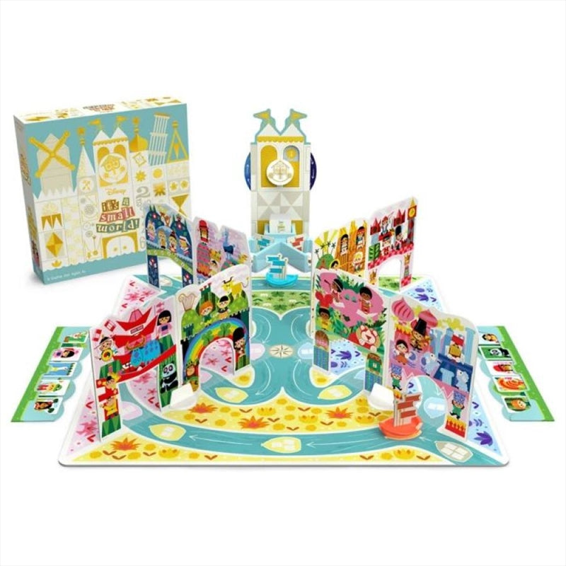 Disney It's A Small World Game featuring colorful game board and components for family fun.