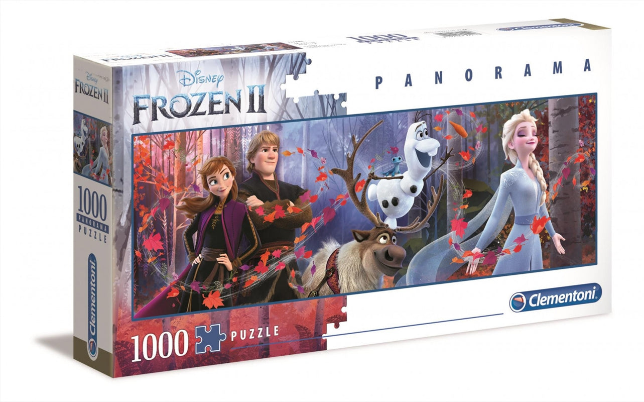 Disney Puzzle Frozen 2 Panorama featuring Elsa, Anna, Olaf, and Kristoff in a vibrant 1000-piece jigsaw puzzle.