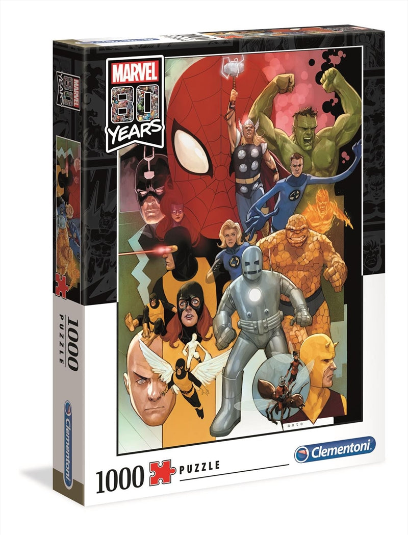 Disney Puzzle Marvel 80th Anniversary featuring 1000 colorful pieces showcasing iconic Marvel characters and scenes.