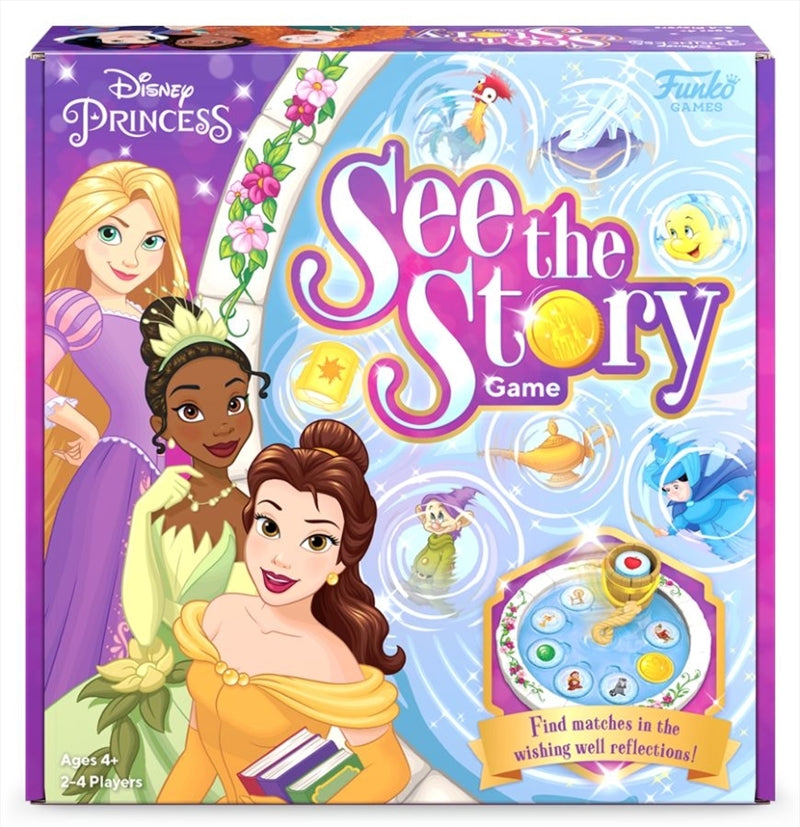 Disney See the Story Game featuring a colorful wishing well and glittering picture coins with Disney Princess characters.