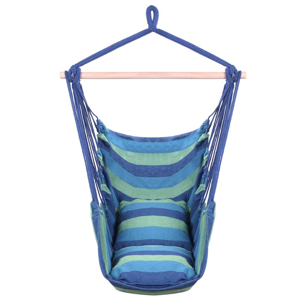 Distinctive blue striped cotton canvas hanging rope chair with pillows, designed for outdoor relaxation and comfort.