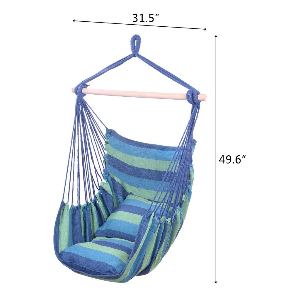 Distinctive blue striped cotton canvas hanging rope chair with pillows, designed for outdoor relaxation and comfort.