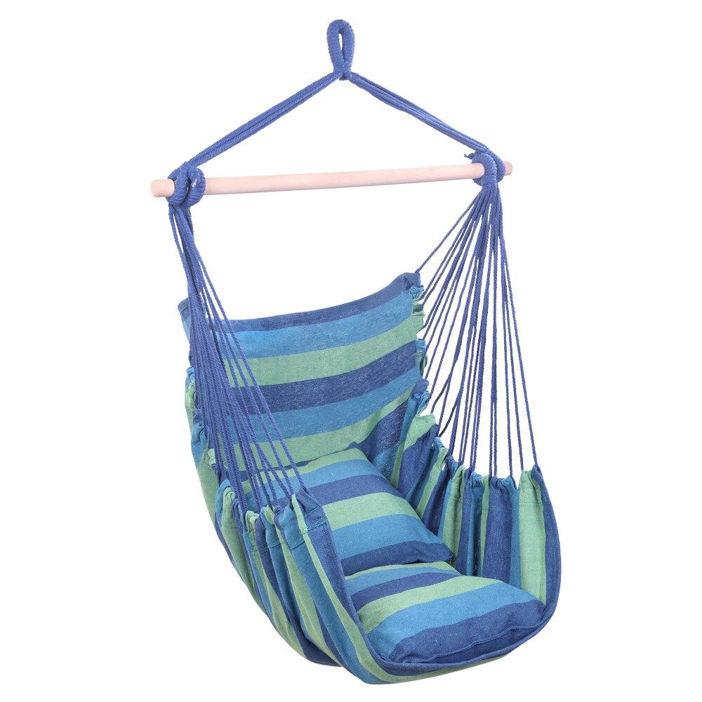 Distinctive blue striped cotton canvas hanging rope chair with pillows, designed for outdoor relaxation and comfort.