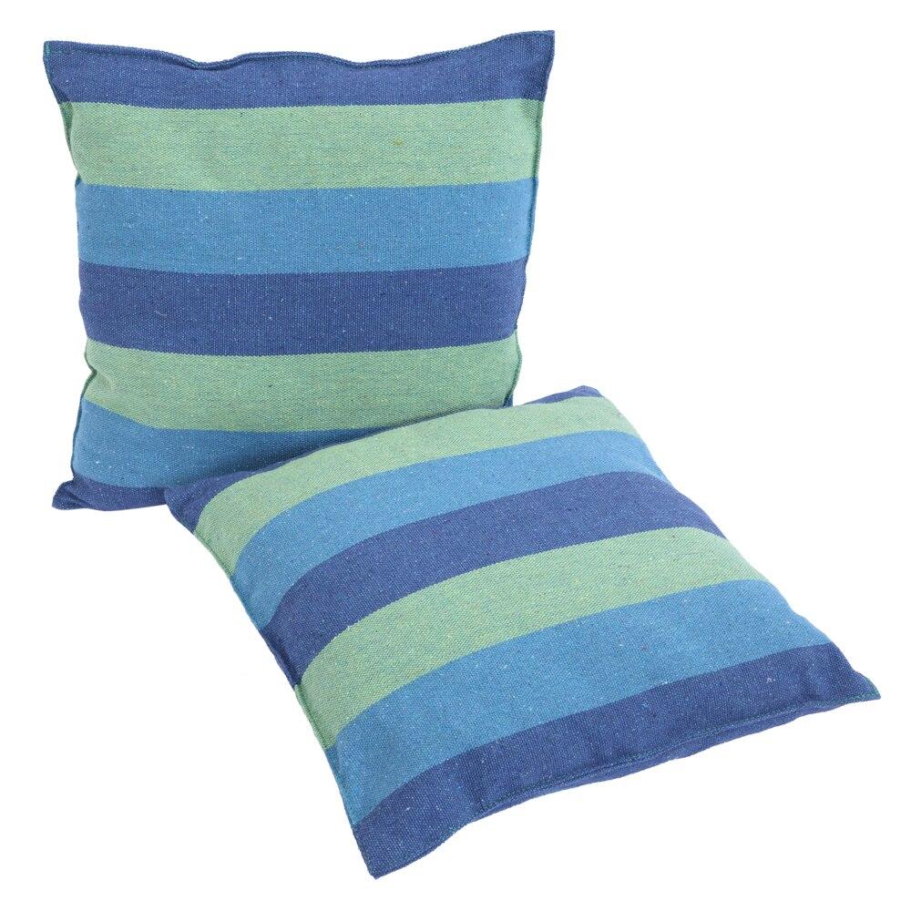 Distinctive blue striped cotton canvas hanging rope chair with pillows, designed for outdoor relaxation and comfort.