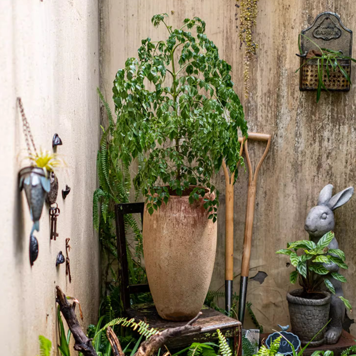 Tall distressed cement plant pot in terracotta color, showcasing a rustic design suitable for indoor and outdoor use.