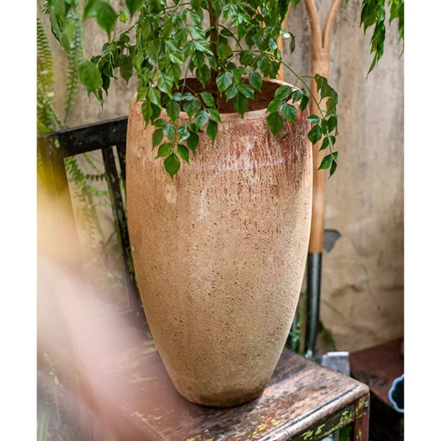 Tall distressed cement plant pot in terracotta color, showcasing a rustic design suitable for indoor and outdoor use.