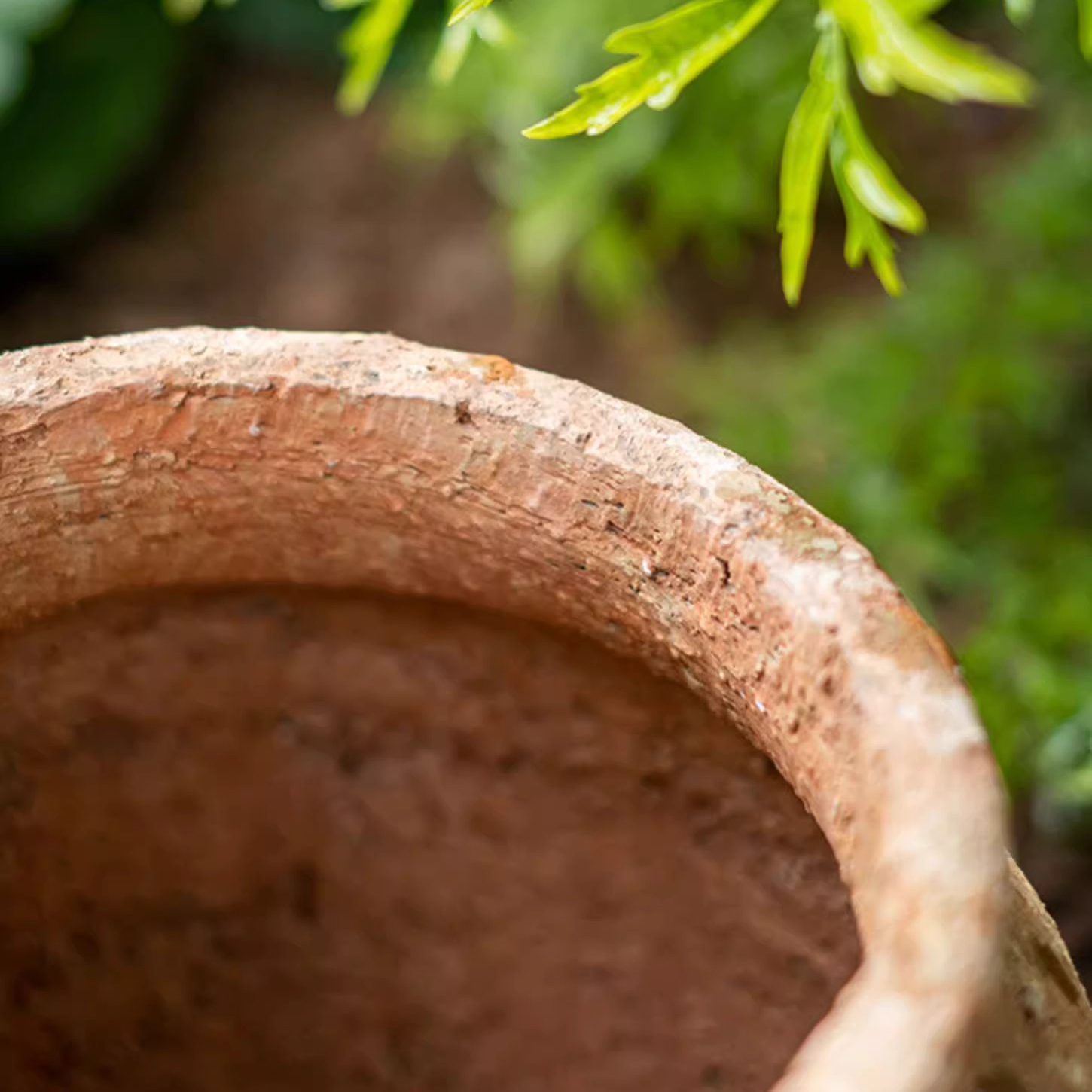 Distressed Cement Plant Pot in terracotta color, showcasing its rustic design and drainage hole.