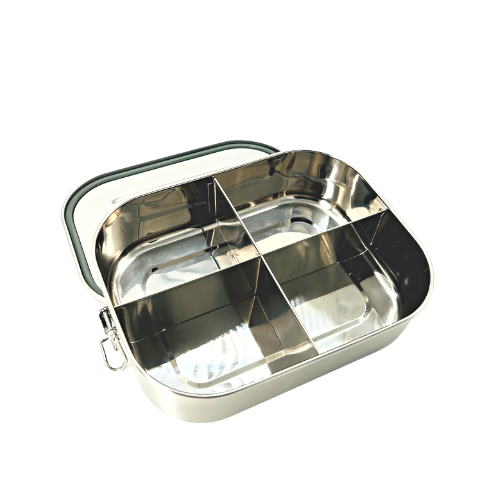 Stainless steel divided food container with three compartments, ideal for meal prep and on-the-go lunches, showcasing its sleek design and durable build.