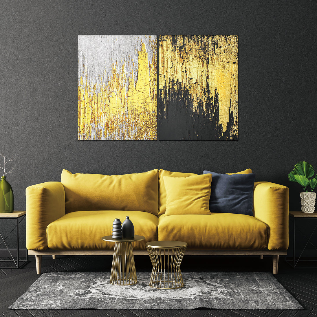 Divine Opposition canvas wall art featuring abstract shapes in white and gold, displayed in a modern living room setting.