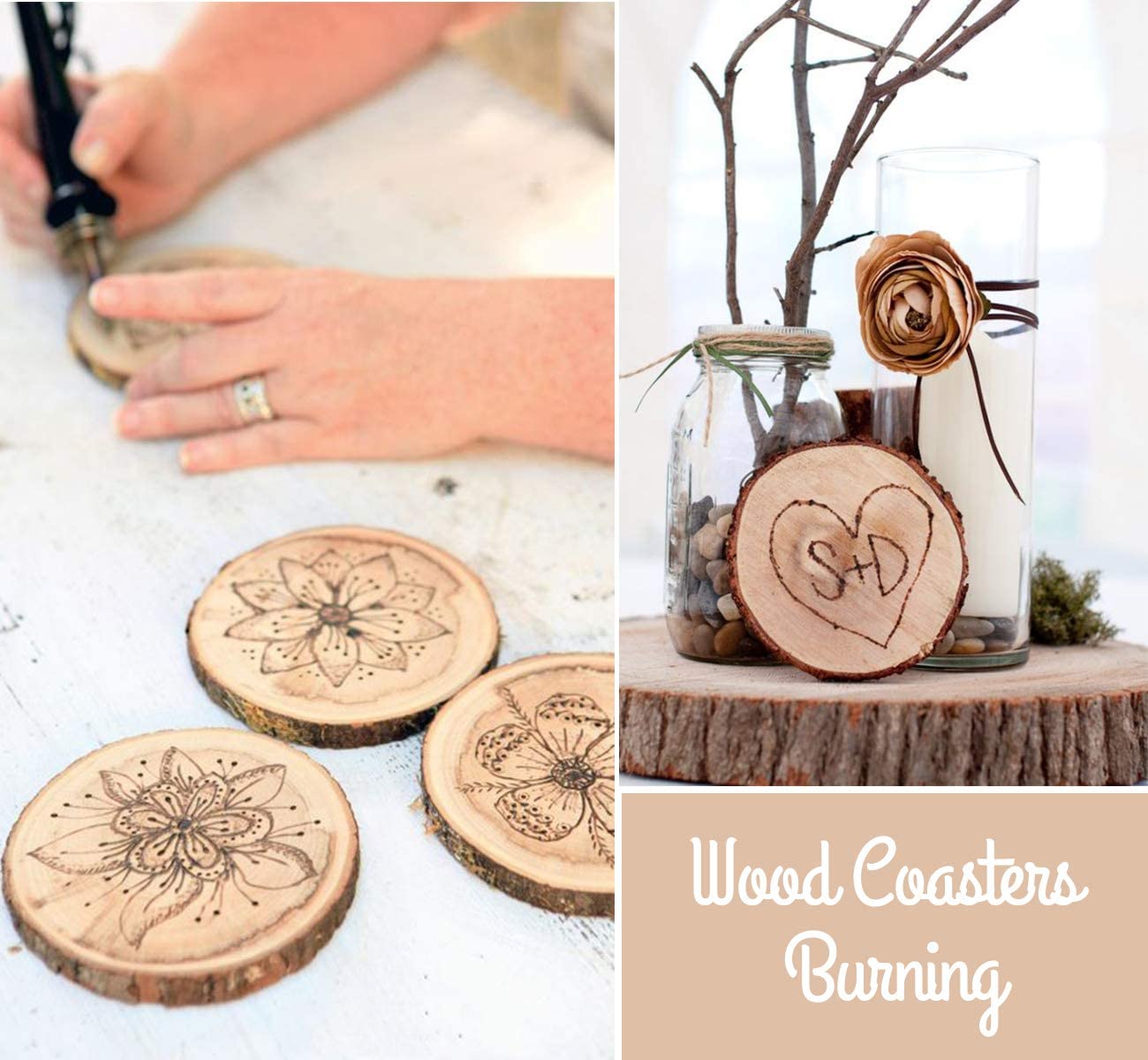 Natural pine wood slices with tree bark, ideal for DIY crafts and decor projects.