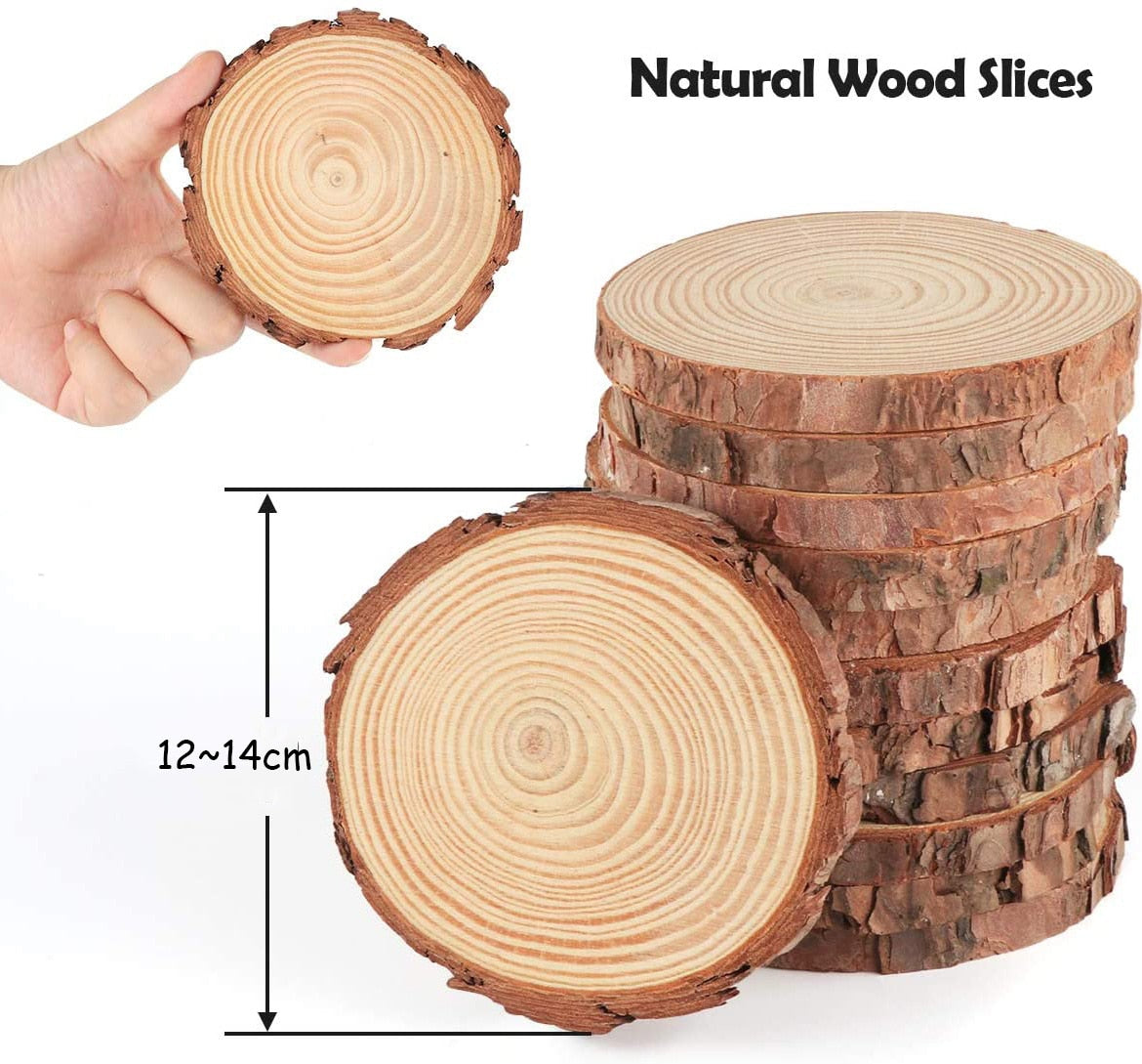 Natural pine wood slices with tree bark, ideal for DIY crafts and decor projects.