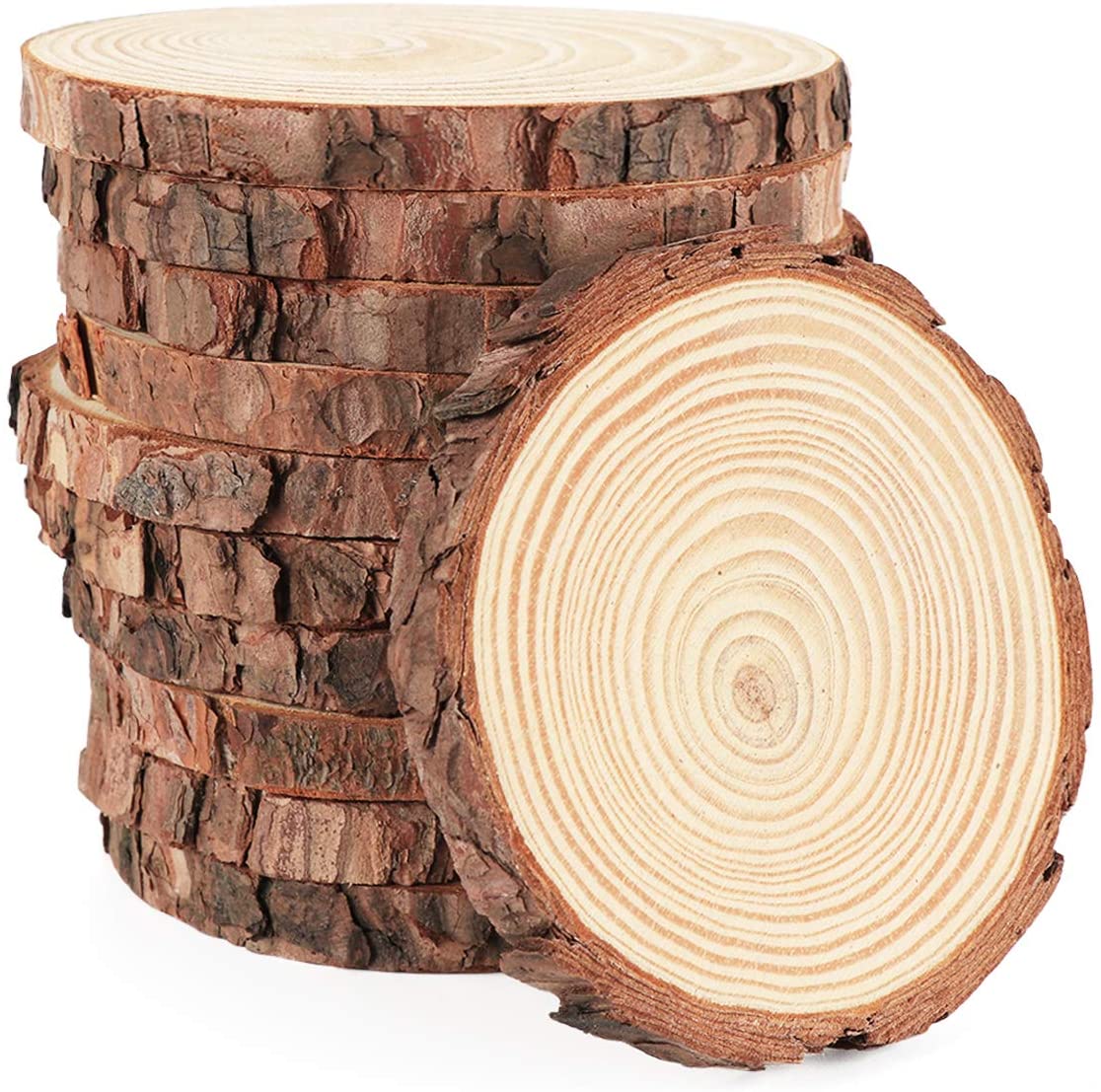 Natural pine wood slices with tree bark, ideal for DIY crafts and decor projects.