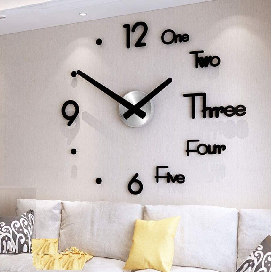 Large modern DIY wall clock with frameless design and giant Roman numerals, reflecting light beautifully.