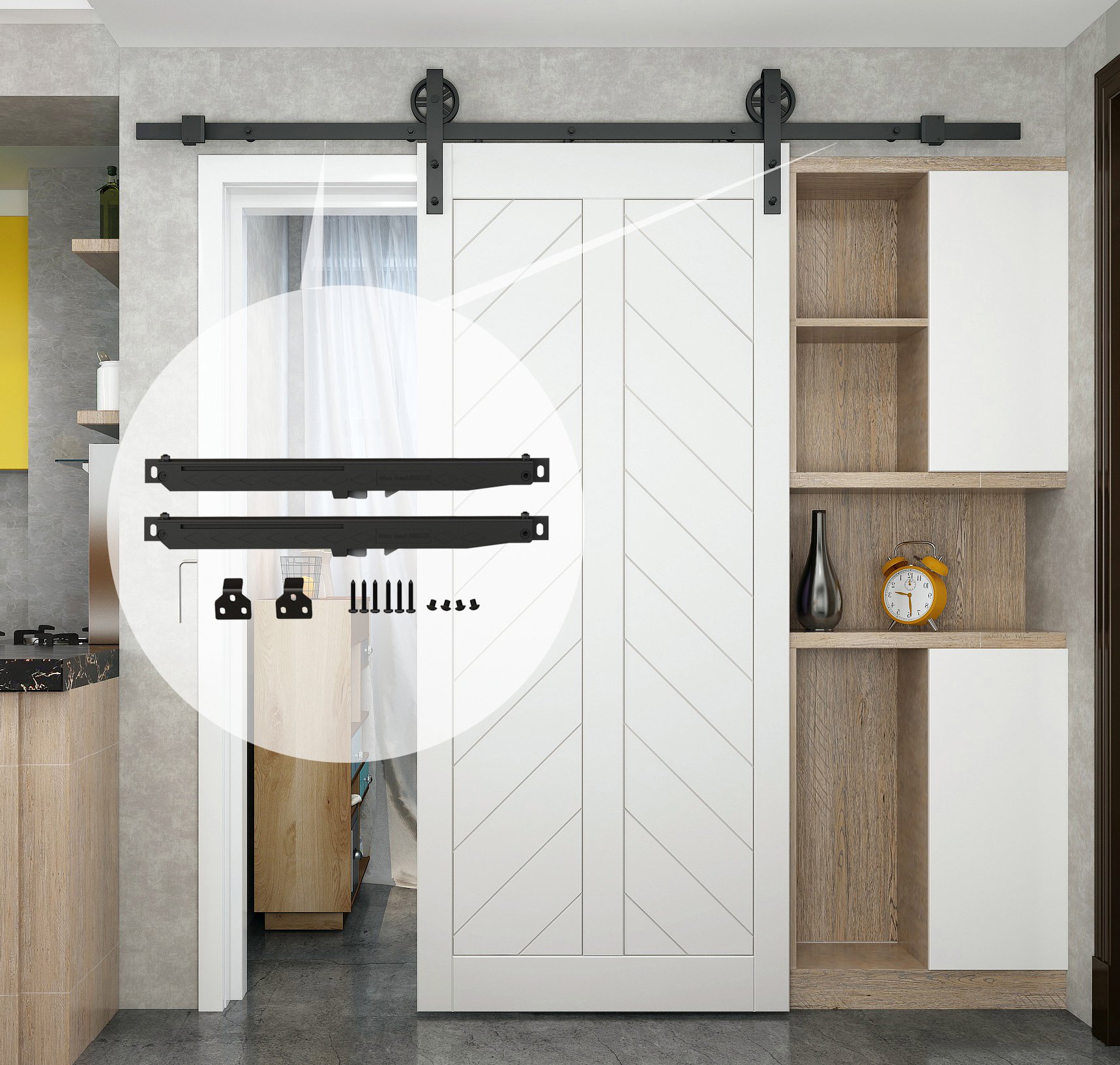 DIYHD 5FT/8FT Two-side Soft Close Barn Door Hardware in black, showcasing its vintage design and durable materials.