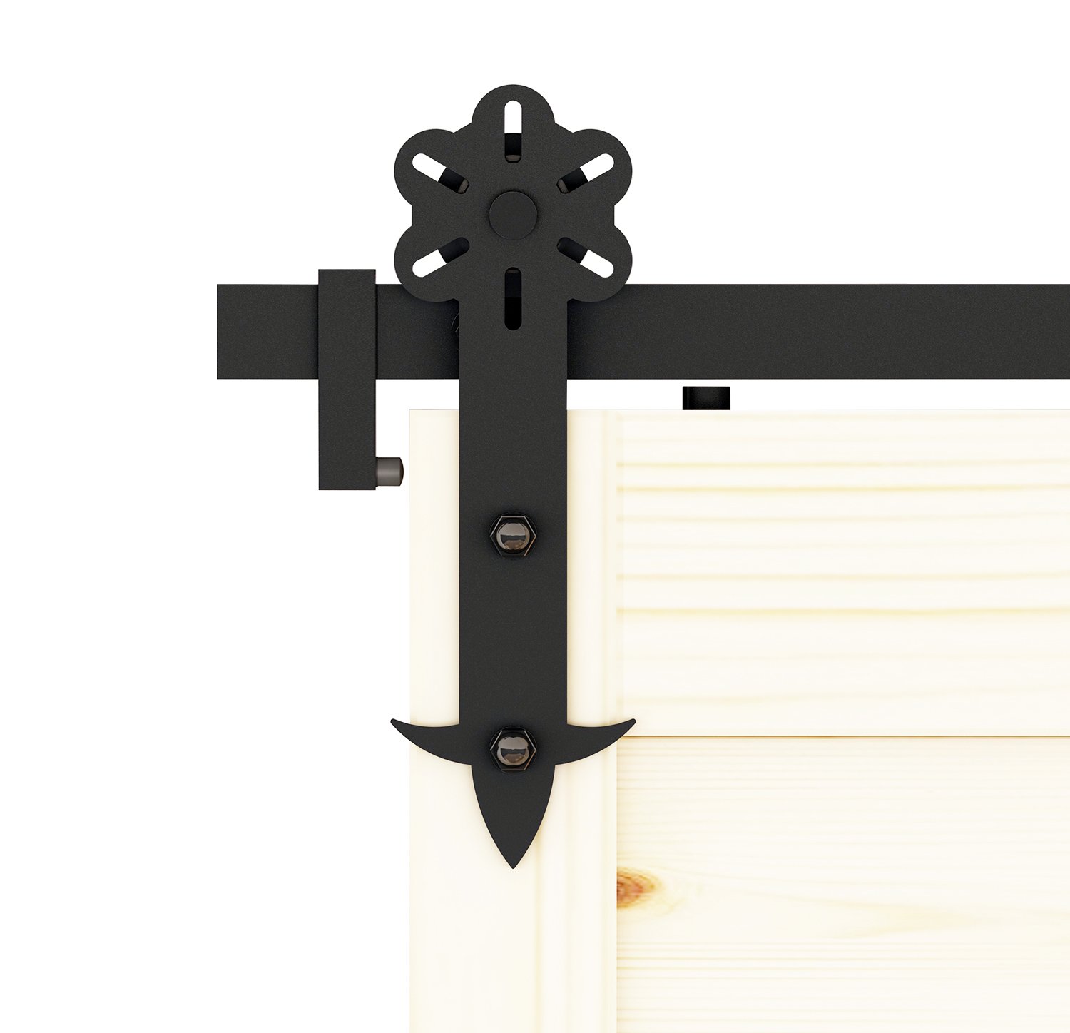 DIYHD Flower Cut Rustic Black Iron Heavy Duty Sliding Barn Door hardware set showcasing rollers, track, and accessories for installation.