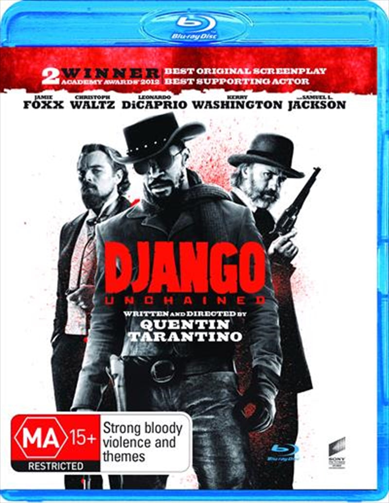 Django Unchained Blu-ray cover featuring Jamie Foxx, Christoph Waltz, and Leonardo DiCaprio in a dramatic scene.