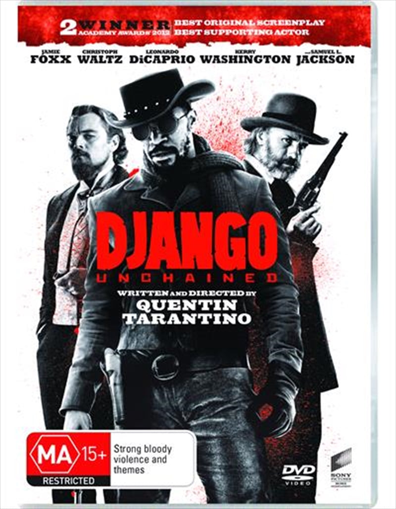 Django Unchained DVD cover featuring Jamie Foxx, Christoph Waltz, and Leonardo DiCaprio in a dramatic pose.