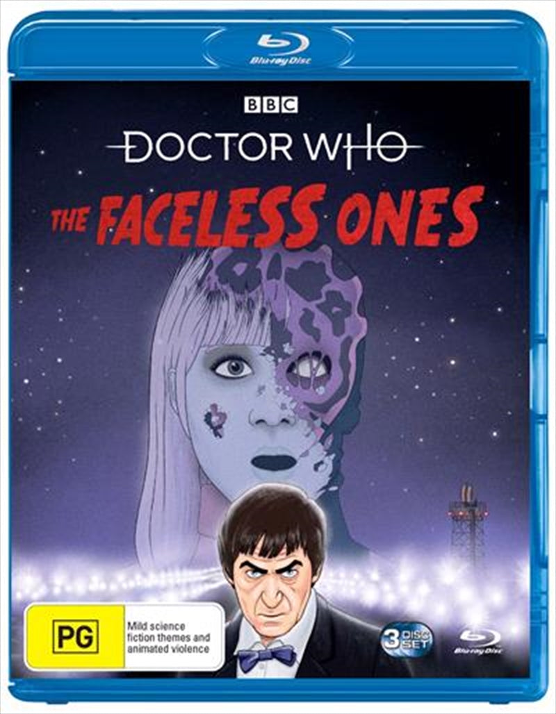 Doctor Who - The Faceless Ones Blu-ray cover featuring the Second Doctor and Jamie in a dramatic scene.