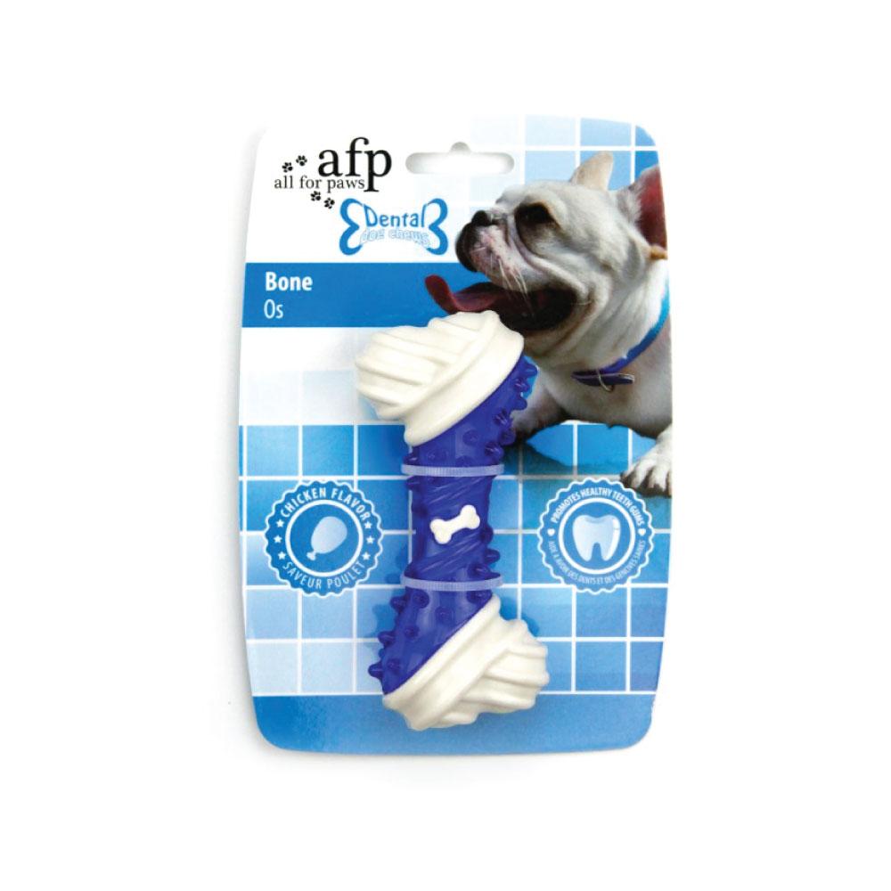 All For Paws Blue Dog Dental Bone with chicken flavour, designed for puppies, featuring small bumps for dental cleaning.