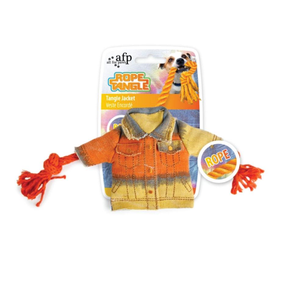 Dog Chew Rope Squeak Jacket with knotted rope arms and hidden squeak toy, designed for biting and cleaning puppy teeth.