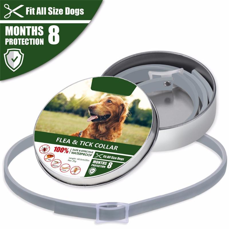 A colorful dog collar designed to repel fleas, mosquitoes, and ticks, featuring a lightweight and waterproof design made from natural herbal ingredients.