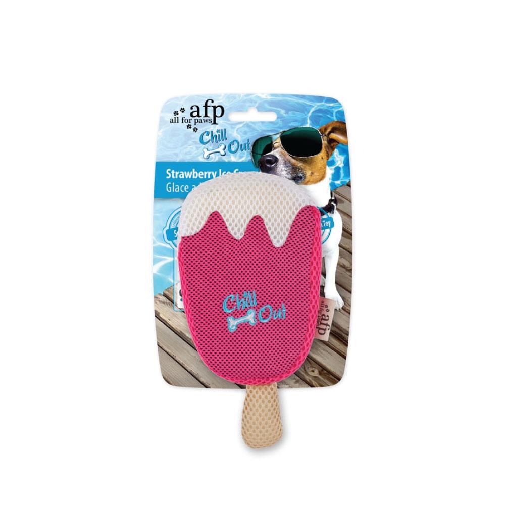 A vibrant strawberry ice cream shaped sponge toy designed for dogs, perfect for hydration and play on hot days.