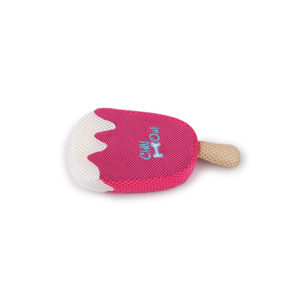 A vibrant strawberry ice cream shaped sponge toy designed for dogs, perfect for hydration and play on hot days.