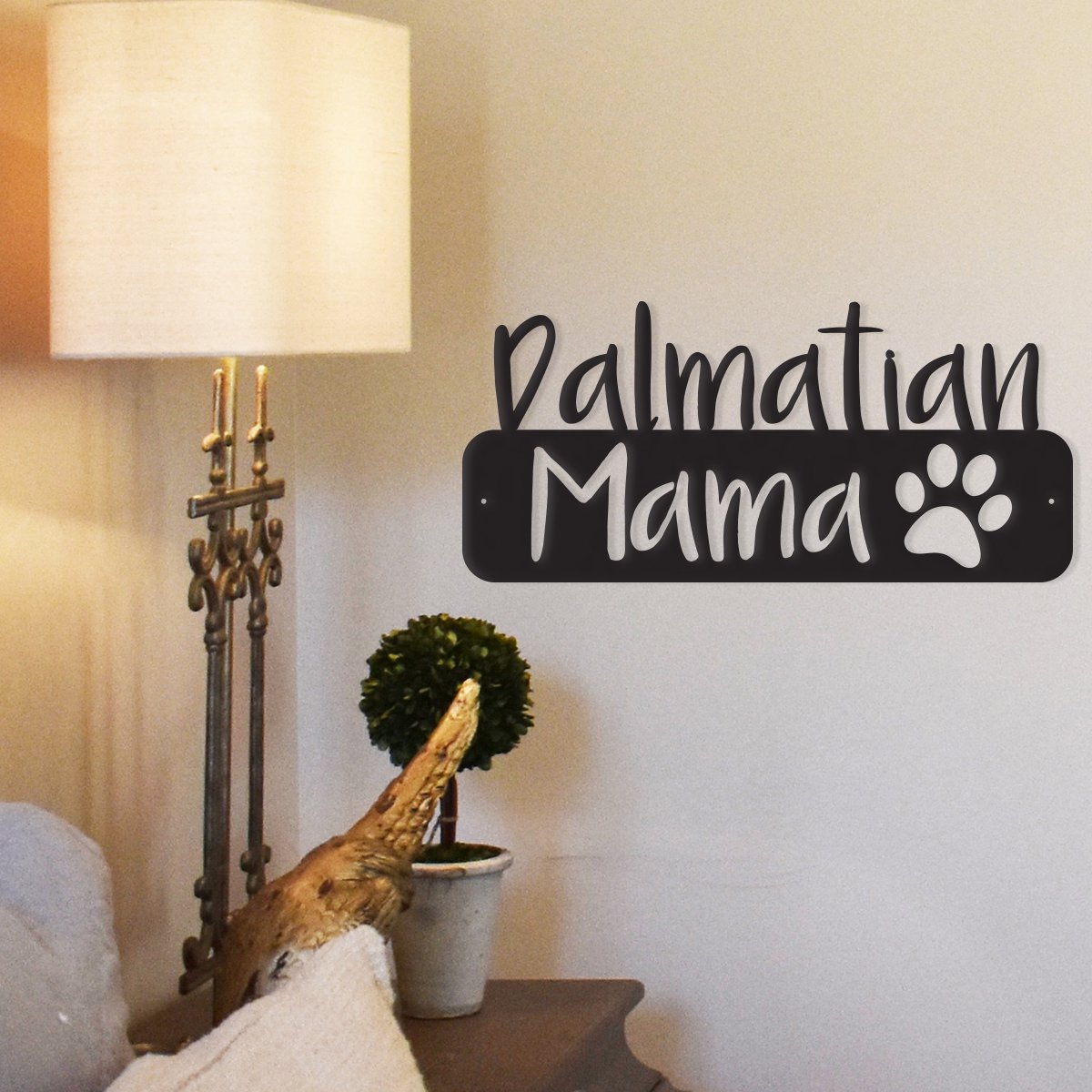 Dog Mama metal wall art decor featuring customizable dog breeds, made from durable steel, suitable for indoor and outdoor use.