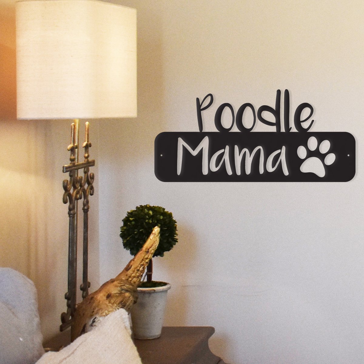 Dog Mama metal wall art decor featuring customizable dog breeds, made from durable steel, suitable for indoor and outdoor use.