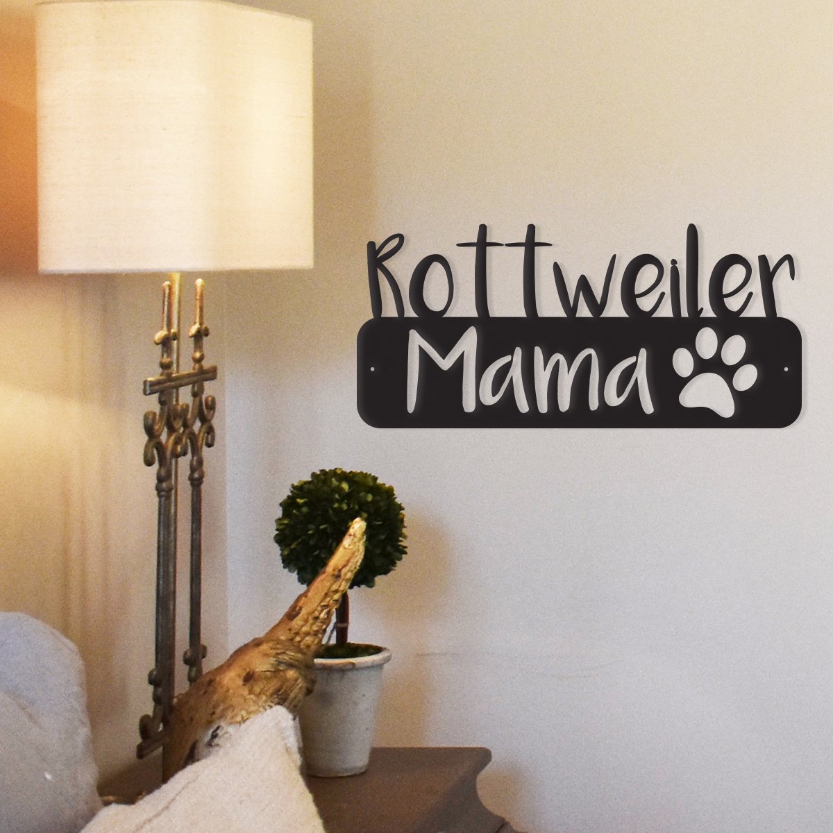 Dog Mama metal wall art decor featuring customizable dog breeds, made from durable steel, suitable for indoor and outdoor use.