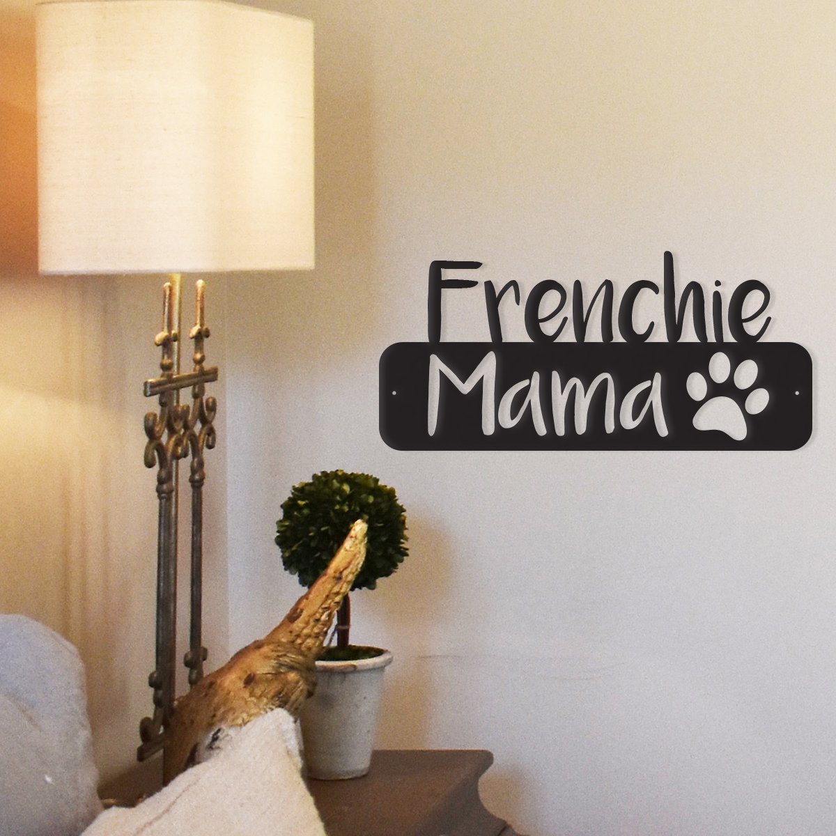 Dog Mama metal wall art decor featuring customizable dog breeds, made from durable steel, suitable for indoor and outdoor use.