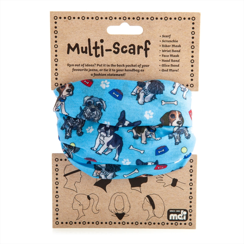 A blue doggo-patterned multi scarf displayed in various styles, showcasing its versatility as a scarf, scrunchie, and headband.