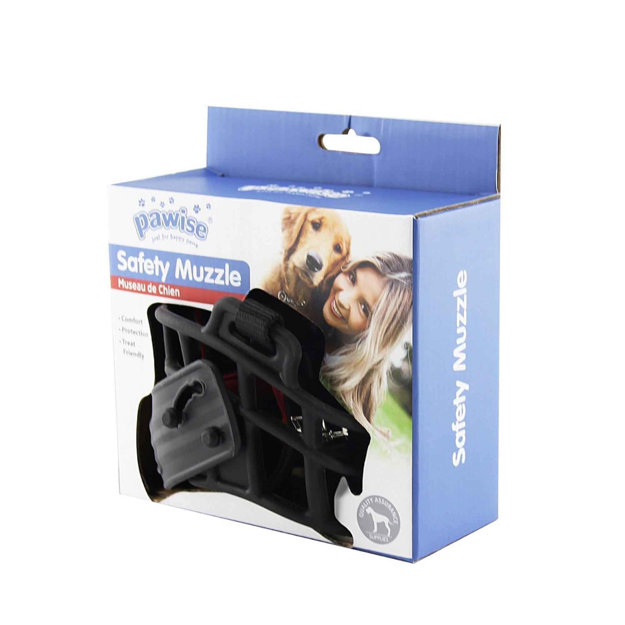 Pawise Dog Muzzle Guard in black and red, designed for safety and comfort, featuring soft neoprene padding and adjustable straps.