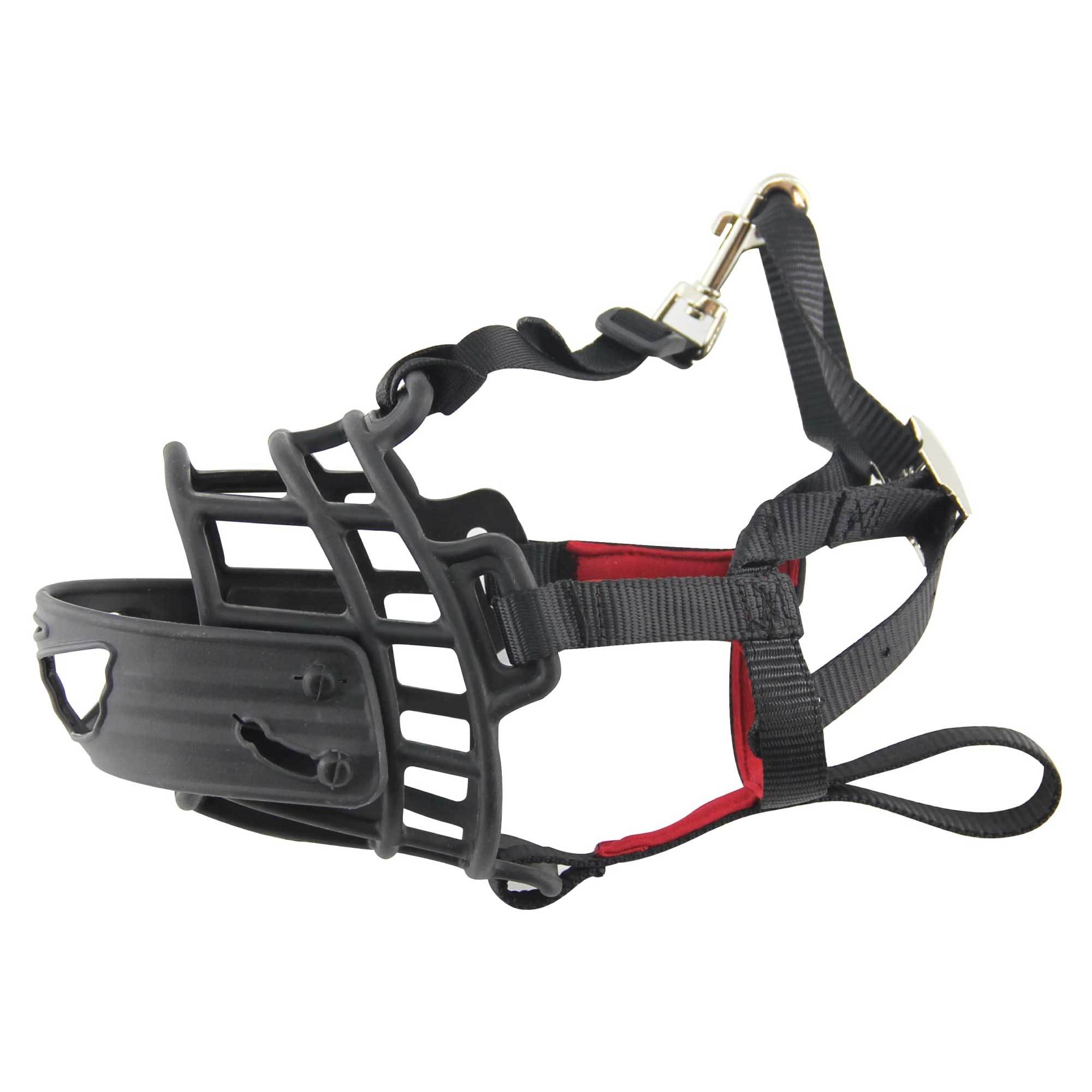 Pawise Dog Muzzle Guard in black and red, designed for safety and comfort, featuring soft neoprene padding and adjustable straps.