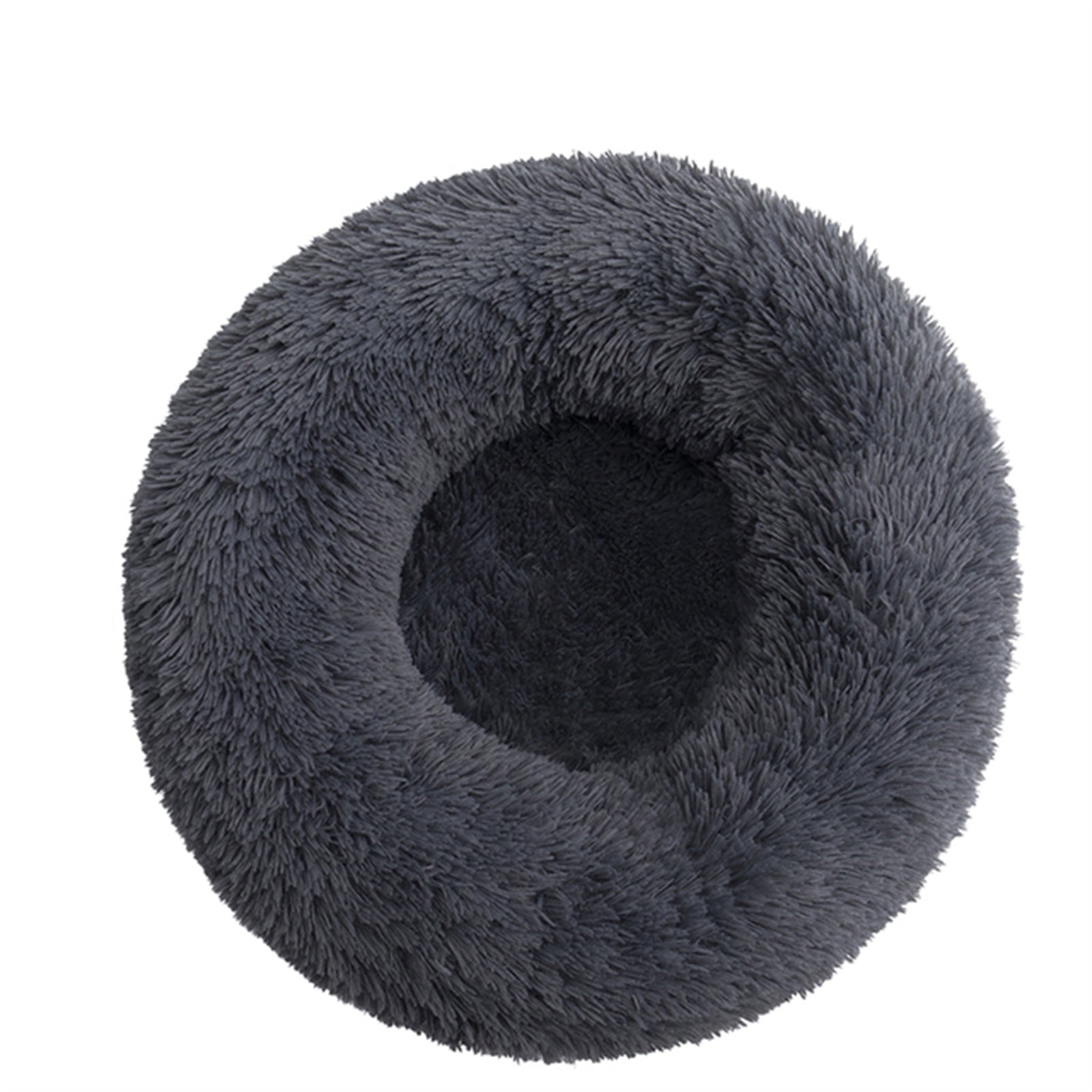 A dark gray plush round dog bed designed for comfort, featuring faux shag fur and a cozy nest shape for pets to snuggle into.