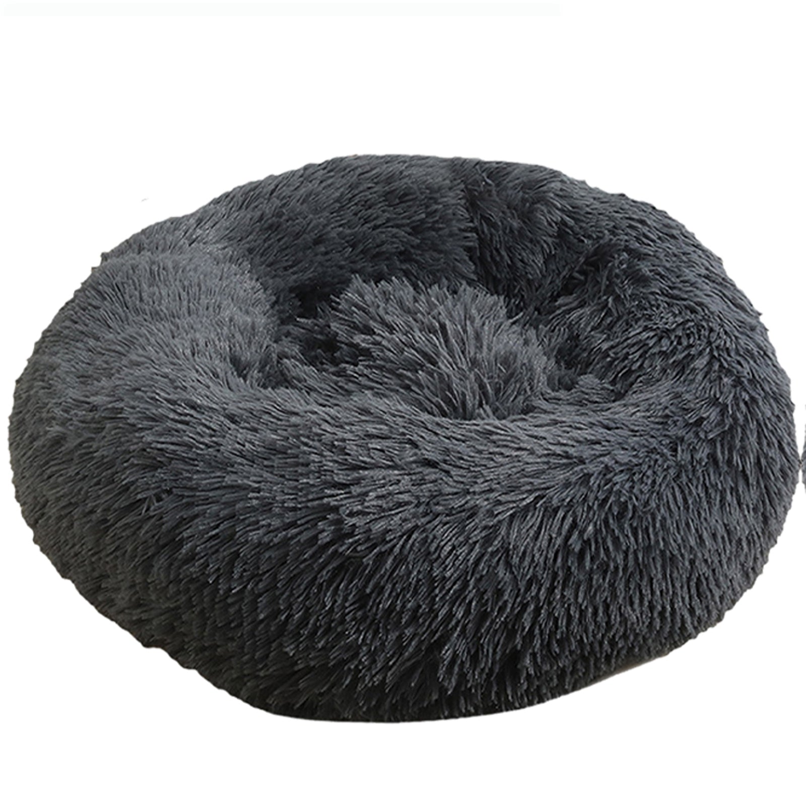 A dark gray plush round dog bed designed for comfort, featuring faux shag fur and a cozy nest shape for pets to snuggle into.