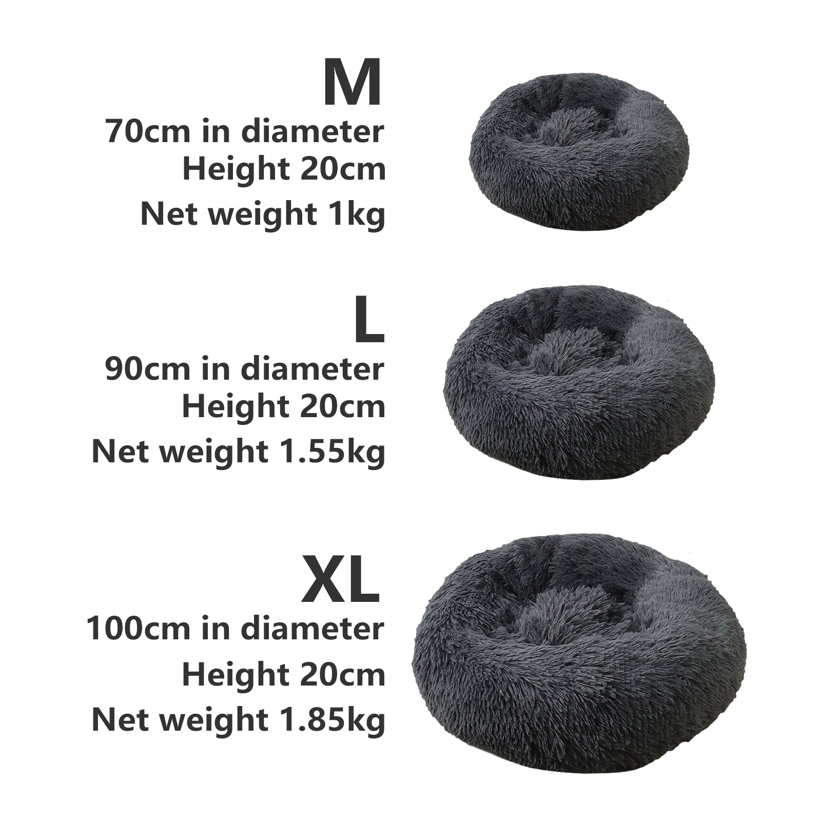 A dark gray plush round dog bed designed for comfort, featuring faux shag fur and a cozy nest shape for pets to snuggle into.