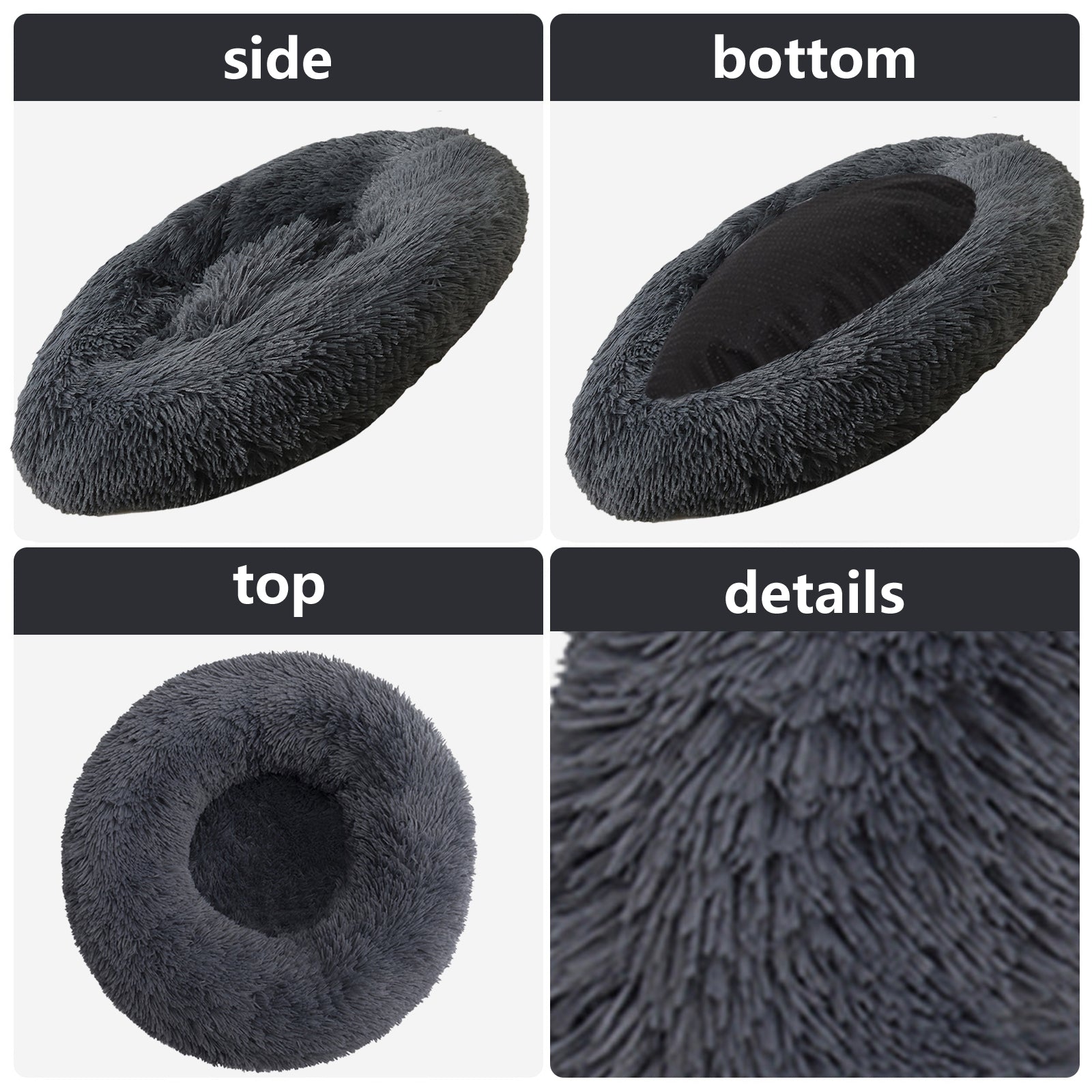 A dark gray plush round dog bed designed for comfort, featuring faux shag fur and a cozy nest shape for pets to snuggle into.