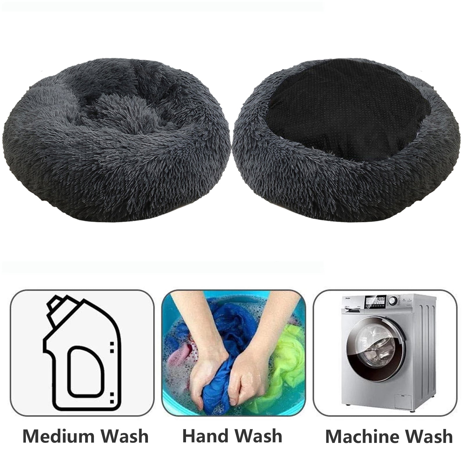 A dark gray plush round dog bed designed for comfort, featuring faux shag fur and a cozy nest shape for pets to snuggle into.