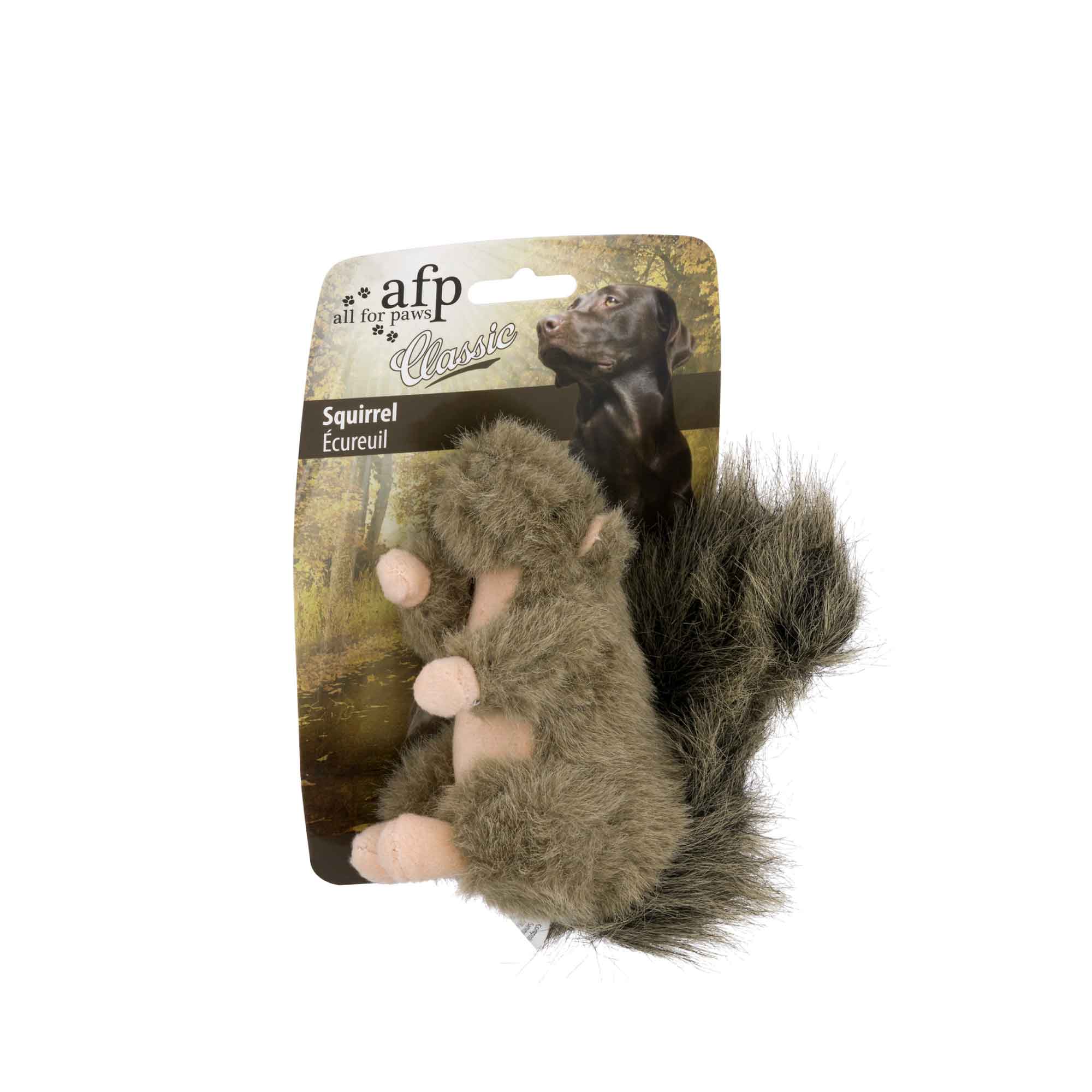 A lifelike plush squirrel toy designed for dogs, featuring a squeaker for interactive play, perfect for small pets.