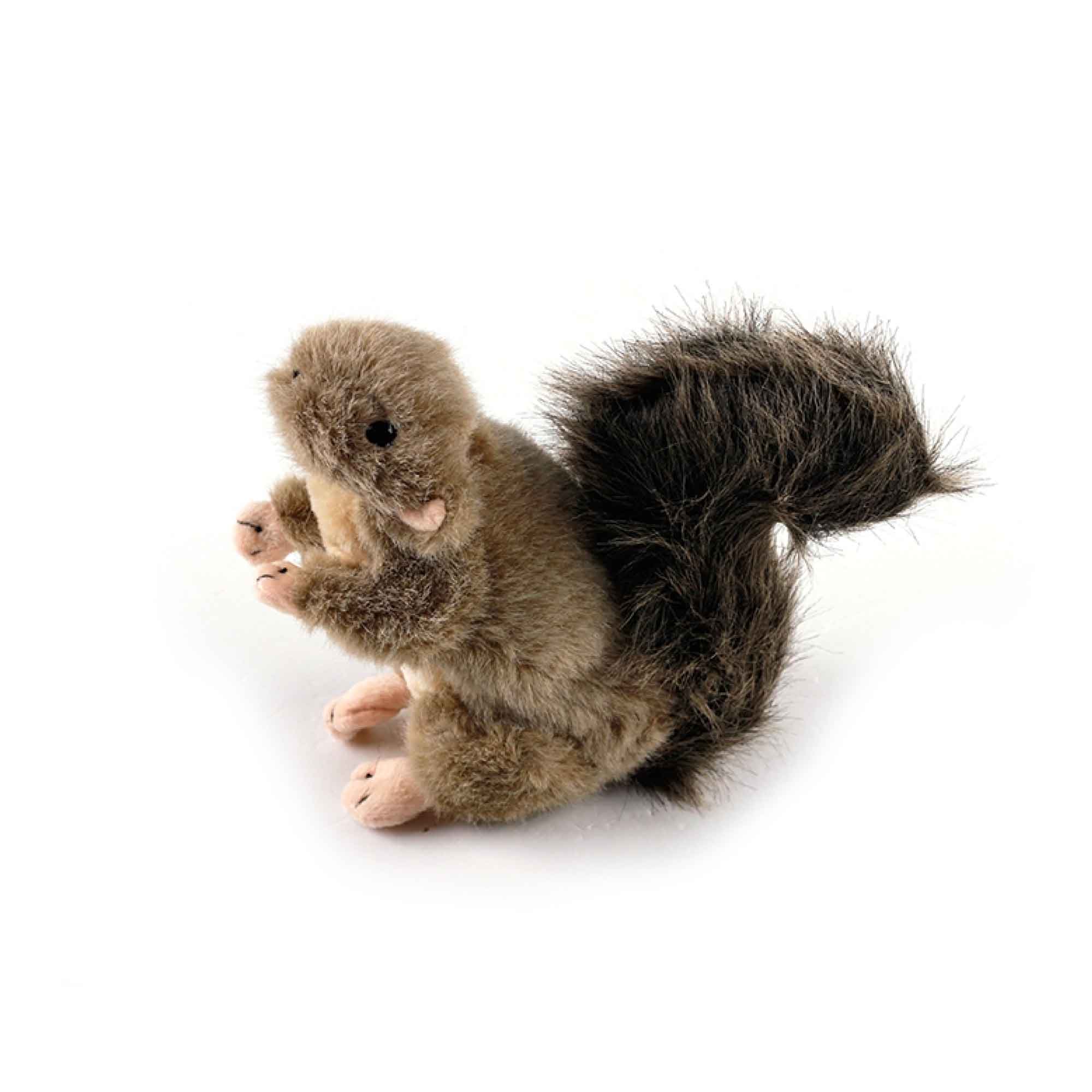 A lifelike plush squirrel toy designed for dogs, featuring a squeaker for interactive play, perfect for small pets.