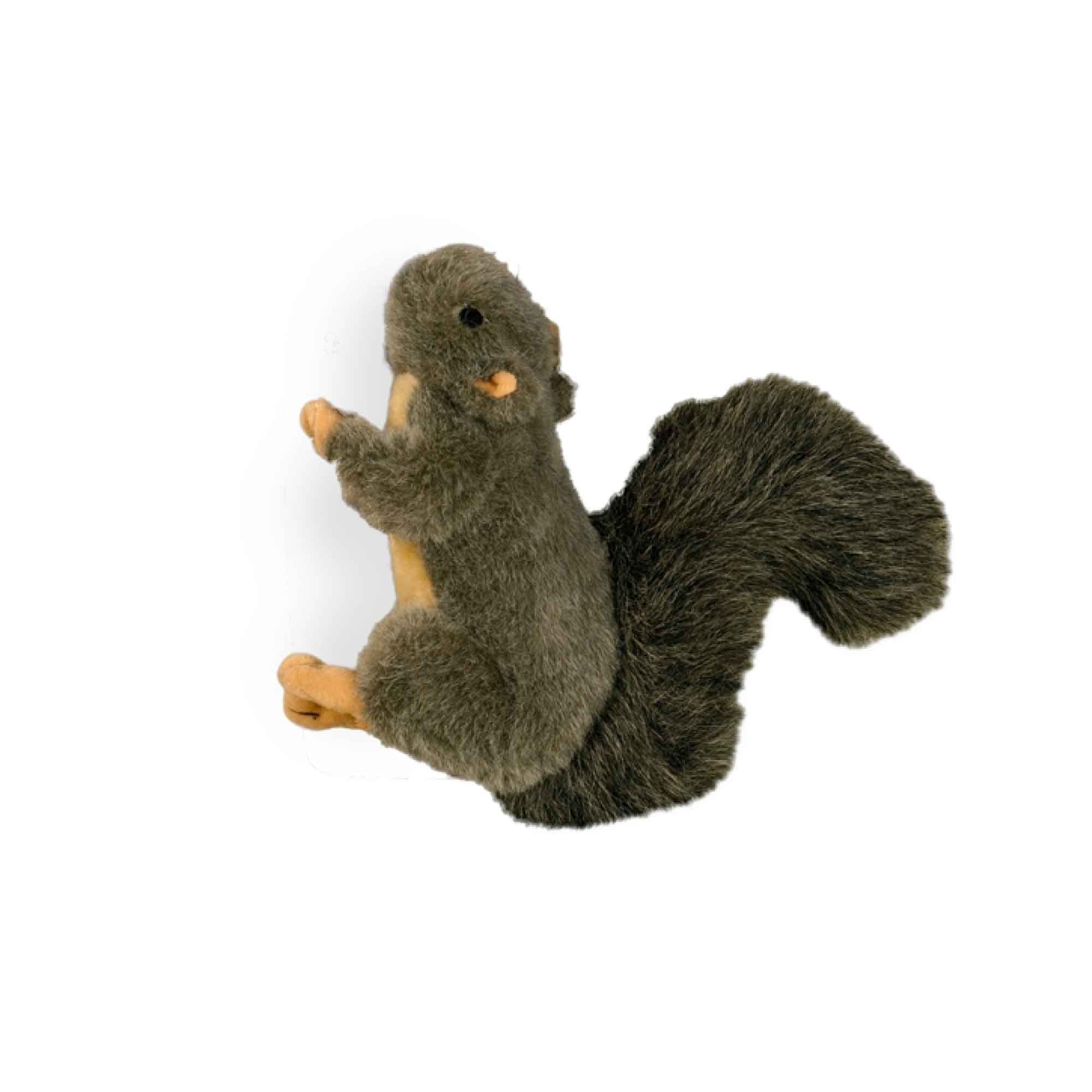 A lifelike plush squirrel toy designed for dogs, featuring a squeaker for interactive play, perfect for small pets.