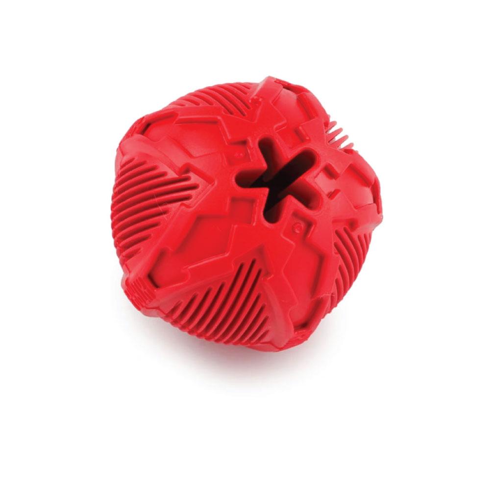 A durable rubber dog ball with a treat hole, designed for aggressive chewers, featuring a bright color and sturdy texture.