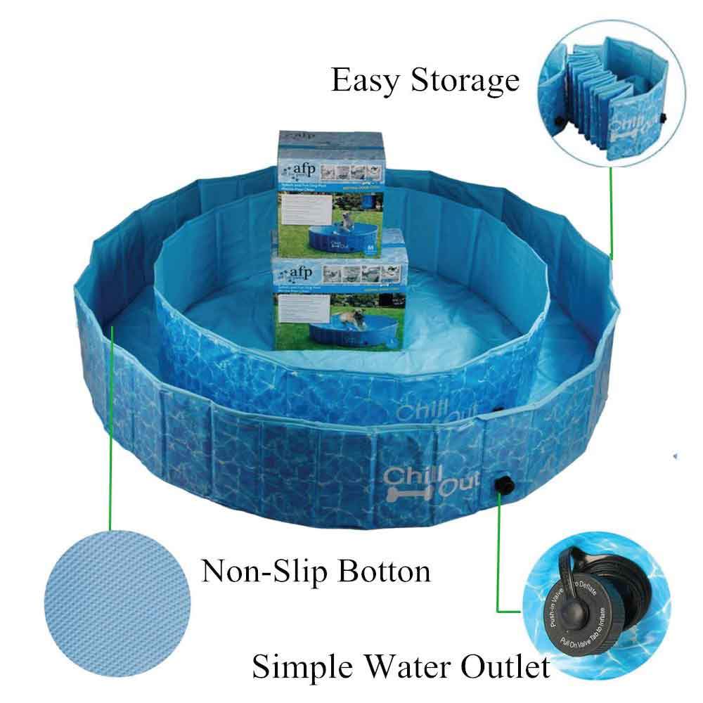 Chill Out Plastic Dog Swimming Pool with anti-slip bottom, perfect for summer fun and safety for pets.