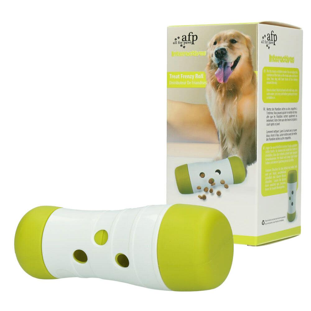 Dog Treat Frenzy Roll interactive feeder toy designed for engaging dogs during mealtime, featuring adjustable holes for treat dispensing.