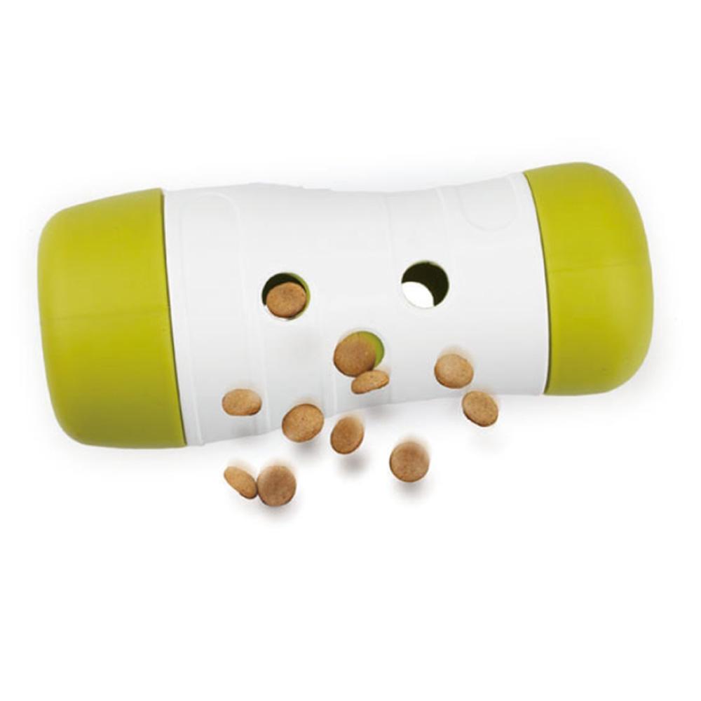 Dog Treat Frenzy Roll interactive feeder toy designed for engaging dogs during mealtime, featuring adjustable holes for treat dispensing.