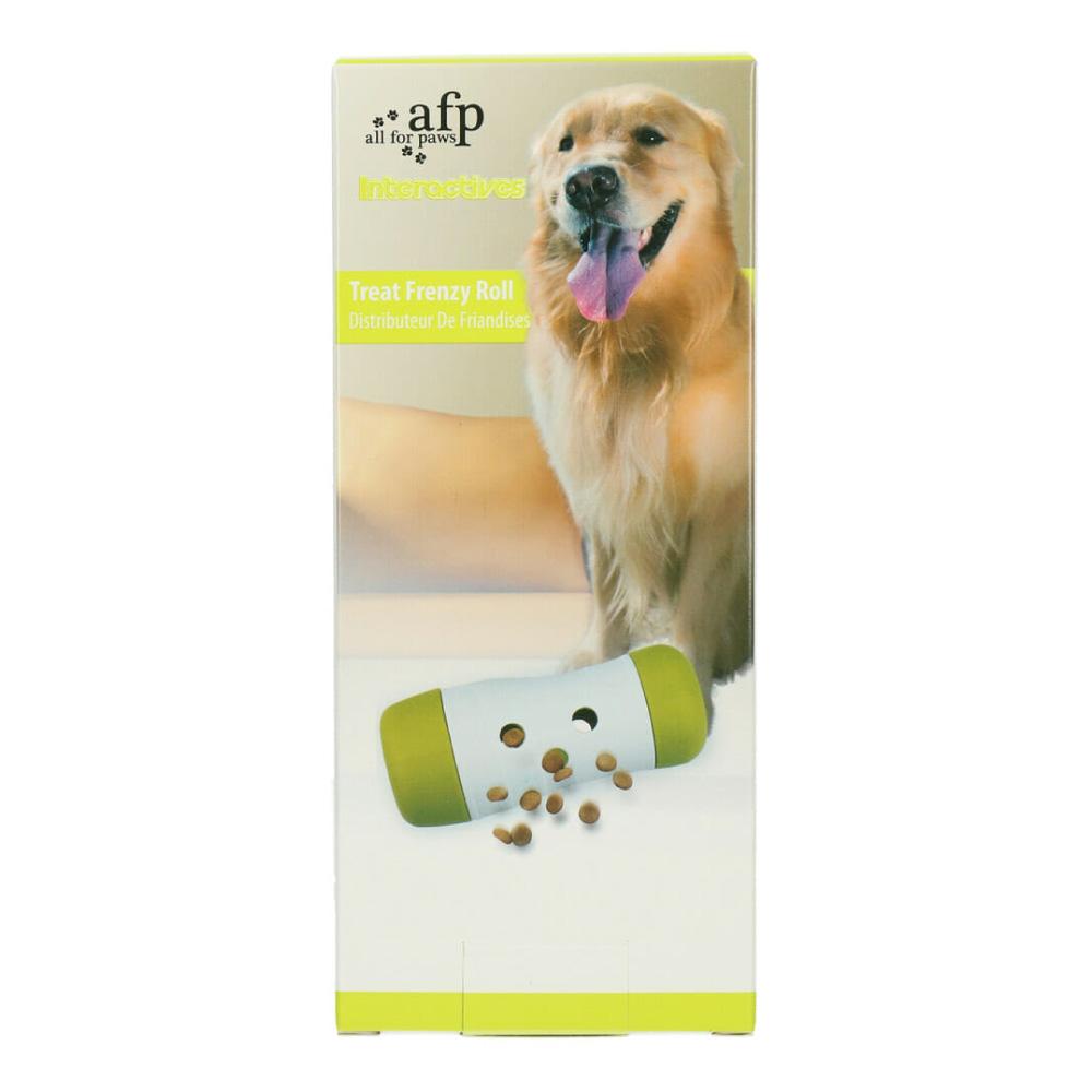 Dog Treat Frenzy Roll interactive feeder toy designed for engaging dogs during mealtime, featuring adjustable holes for treat dispensing.